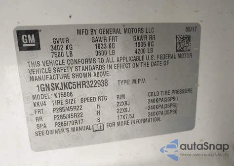 2017 Chevrolet Suburban Premier из США, поврежденный, VIN 1GNSKJKC5HR322938